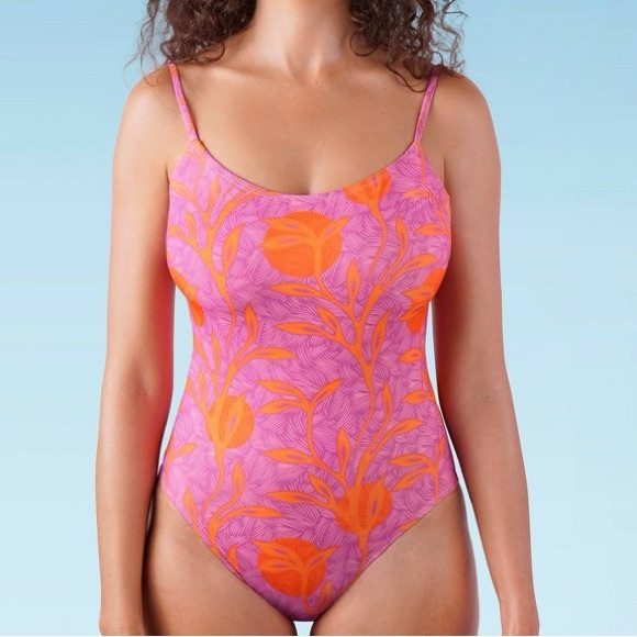 Liberty & Justice Women's High Leg Cheeky 1-piece Swimsuit Pink/Orange Flora XL - Picture 1 of 5